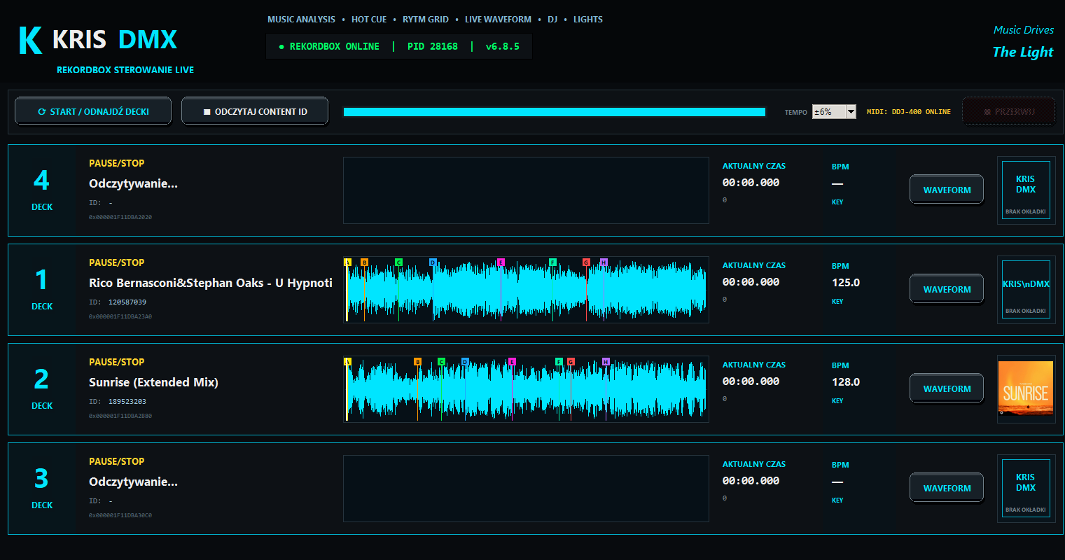 KrisDMX Rekordbox Live Control z przebiegami utworów